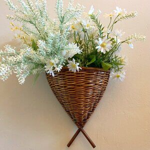 Vintage 18" Tall Hand Woven Dark Wood Wicker Wall Pocket Hanging Flower Basket